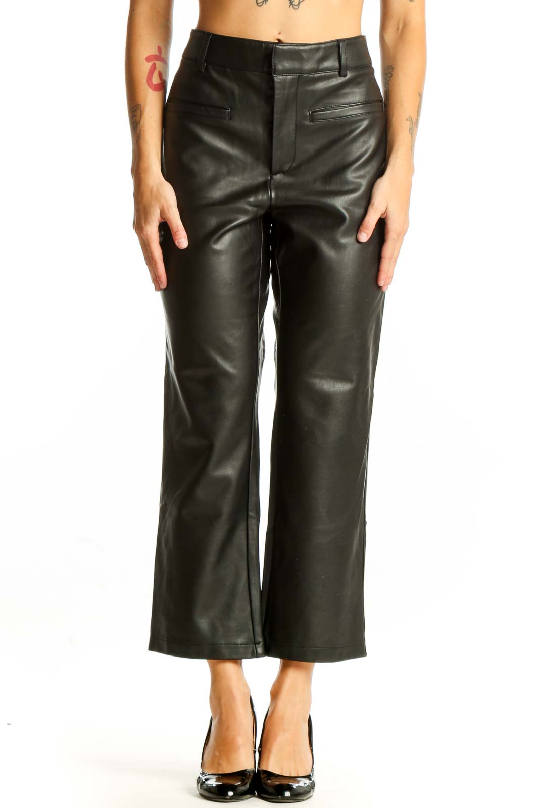 Black Faux Leather Wide-Leg Trousers Front
