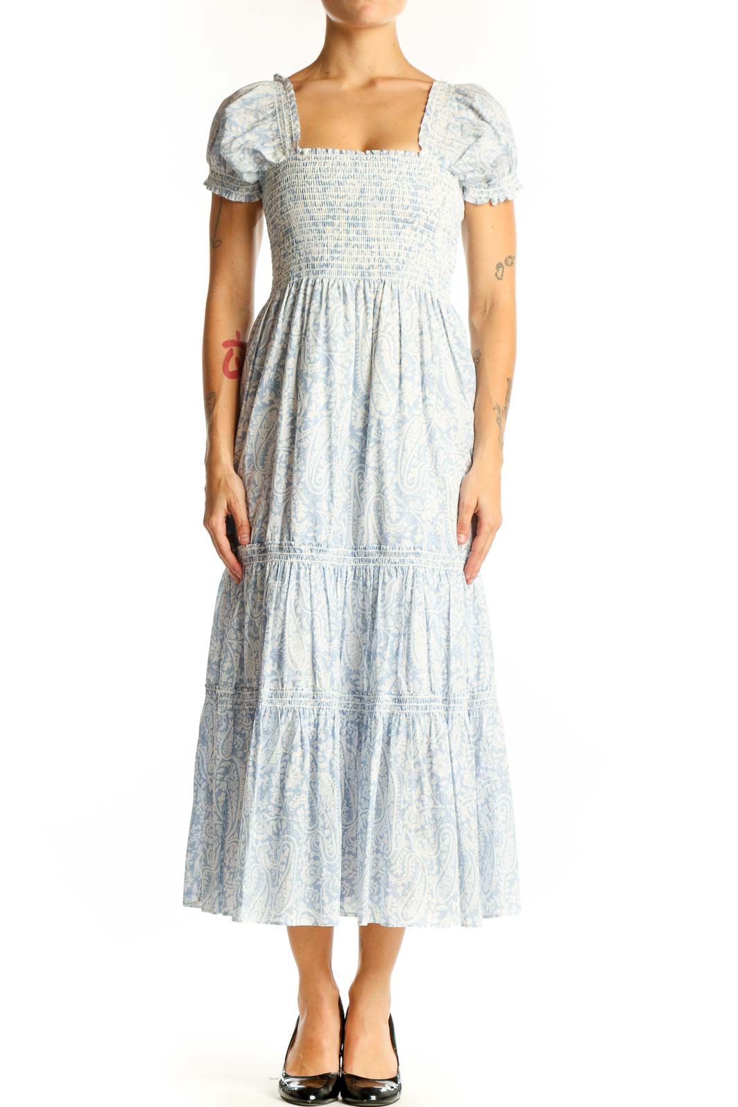 Light Blue Floral Smocked Midi Dress Front