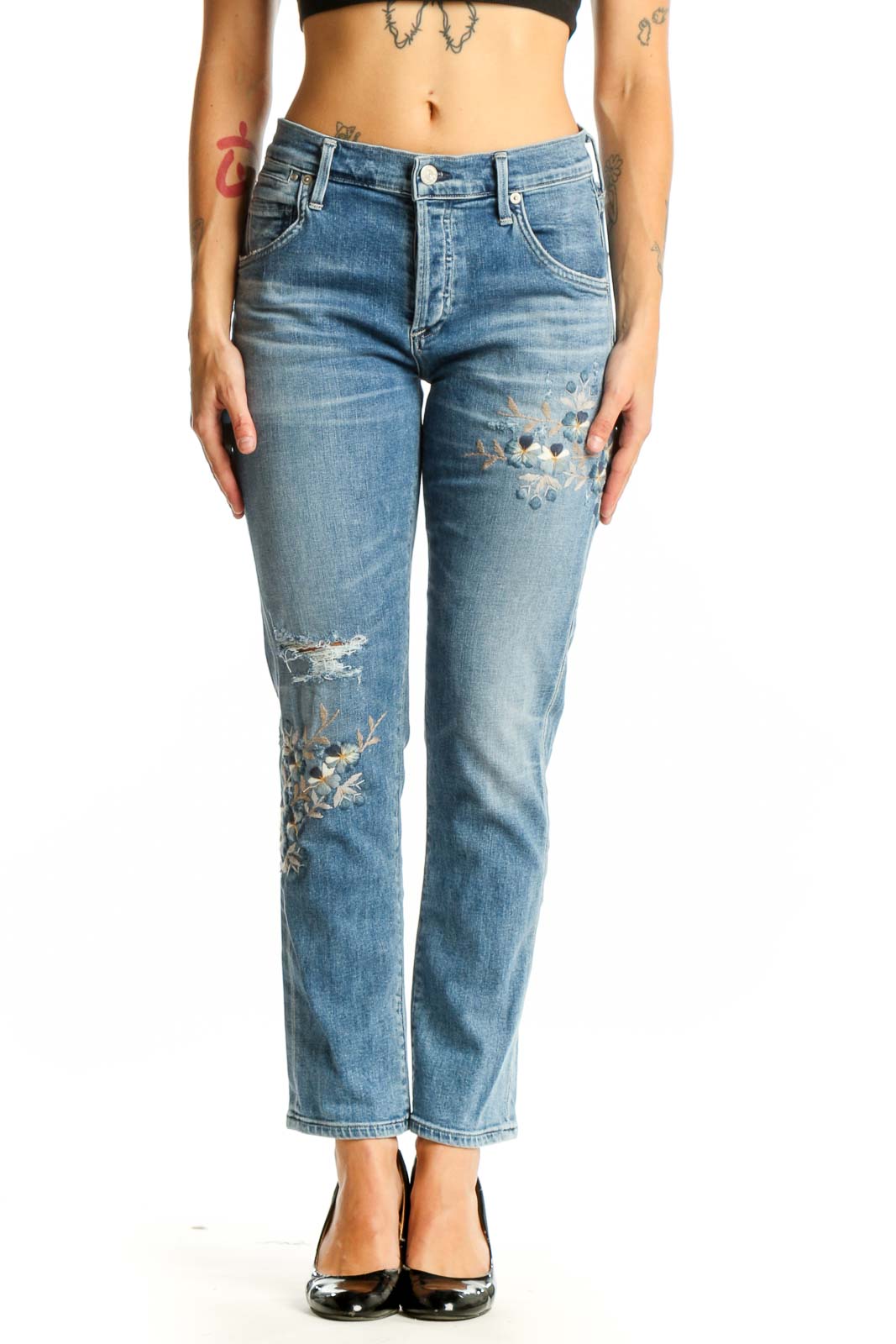 Blue Embroidered Distressed Straight Leg Jeans Front