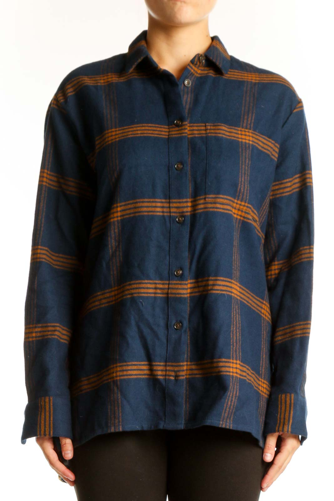 Navy Plaid Cotton Button-Down Shirt Front