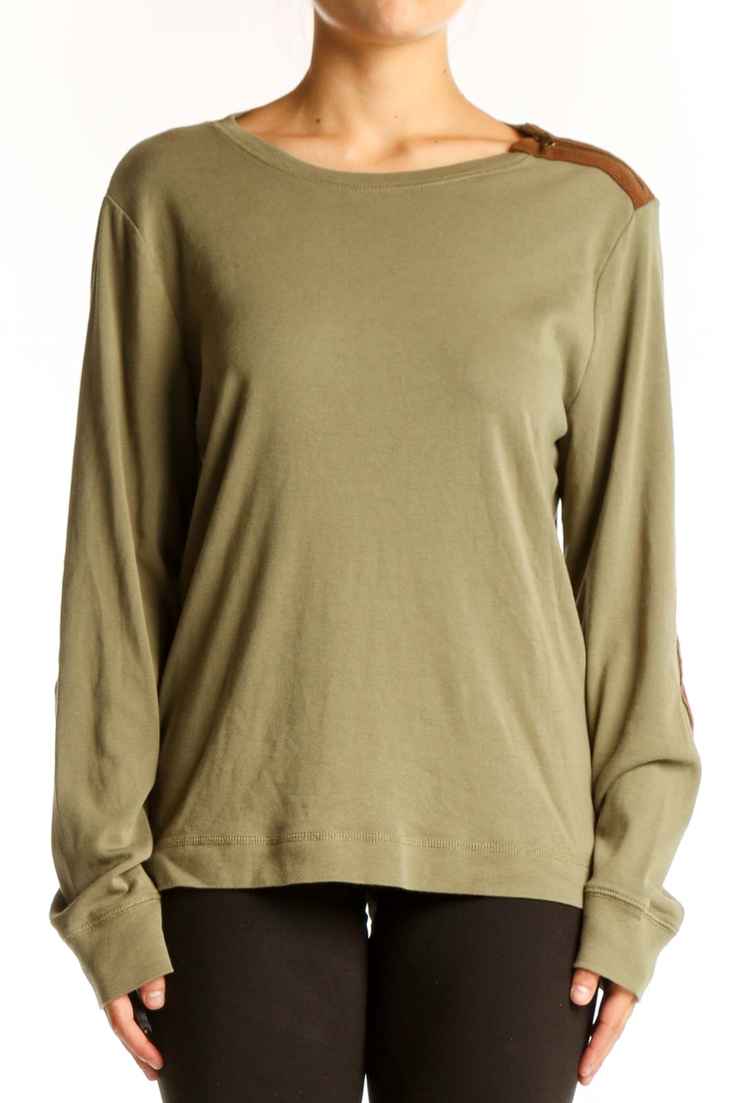 Olive Green Long Sleeve Cotton Top Front