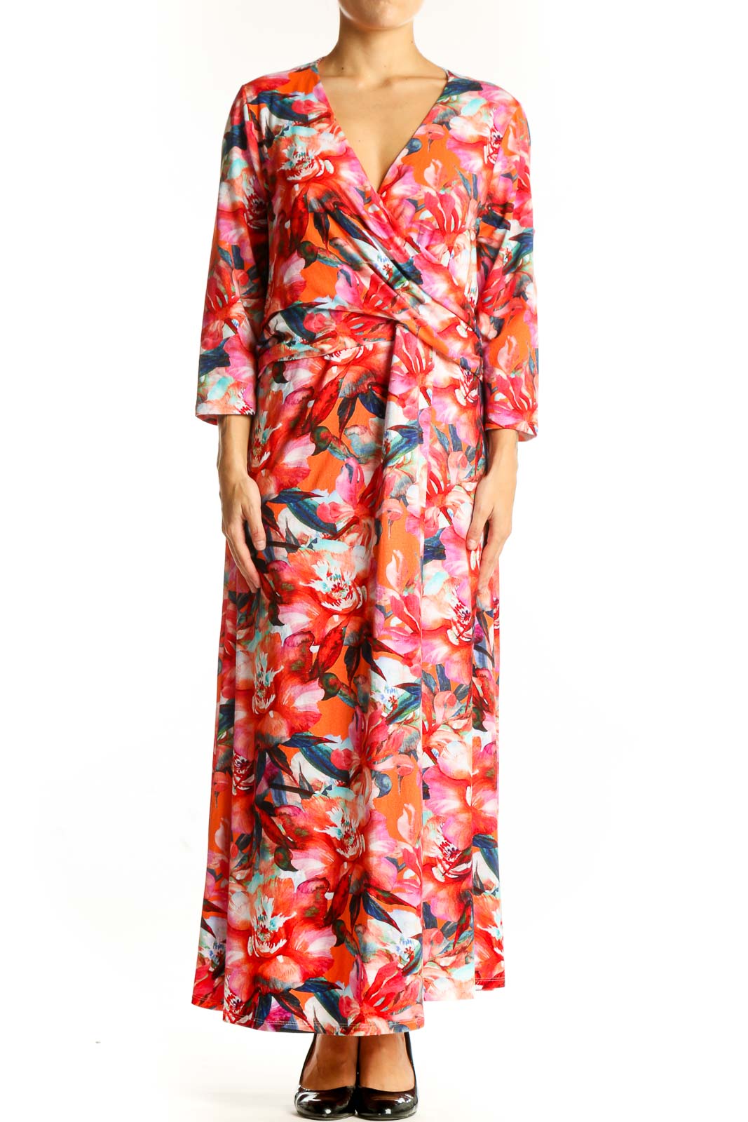 Red Floral Wrap Maxi Dress Front