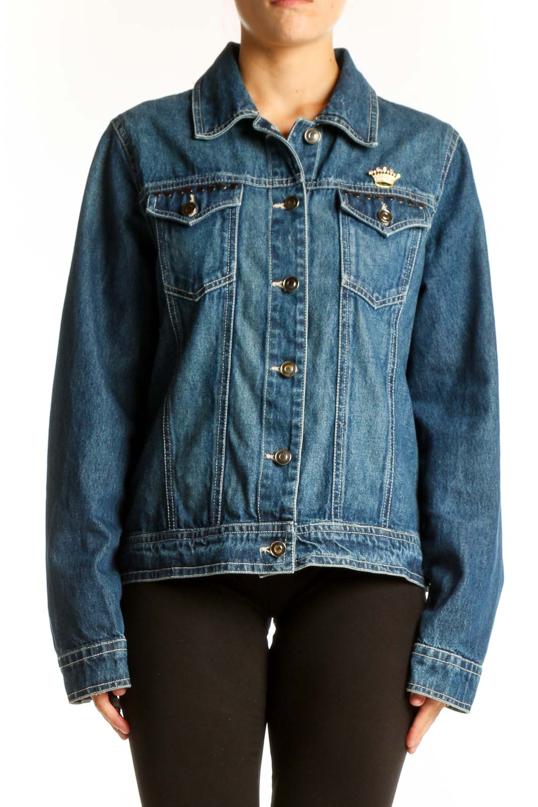 Blue Cotton Denim Jacket with Crown Emblem Front
