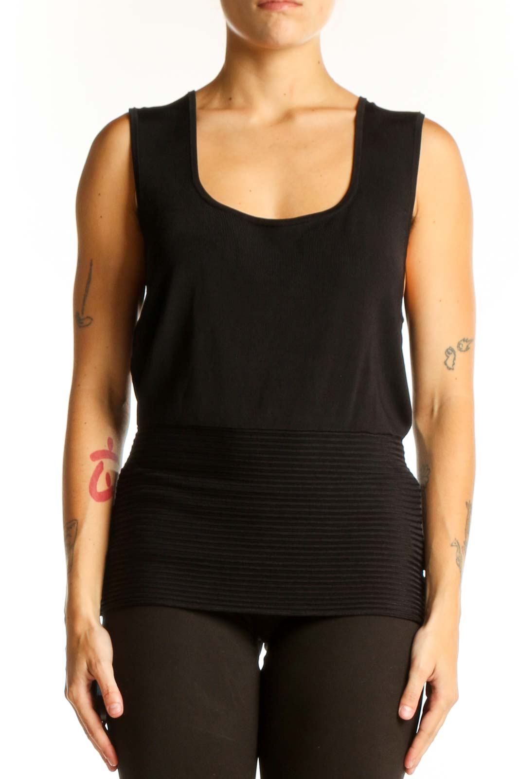 Black Sleeveless Ribbed Tank Top Front