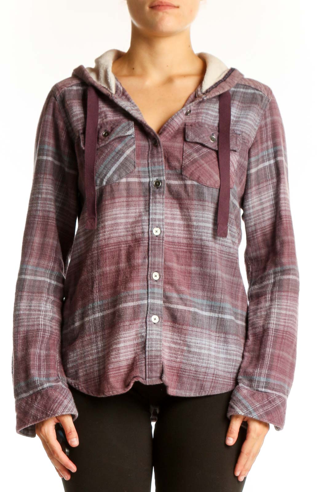 Burgundy Plaid Hooded Flannel Shirt Front