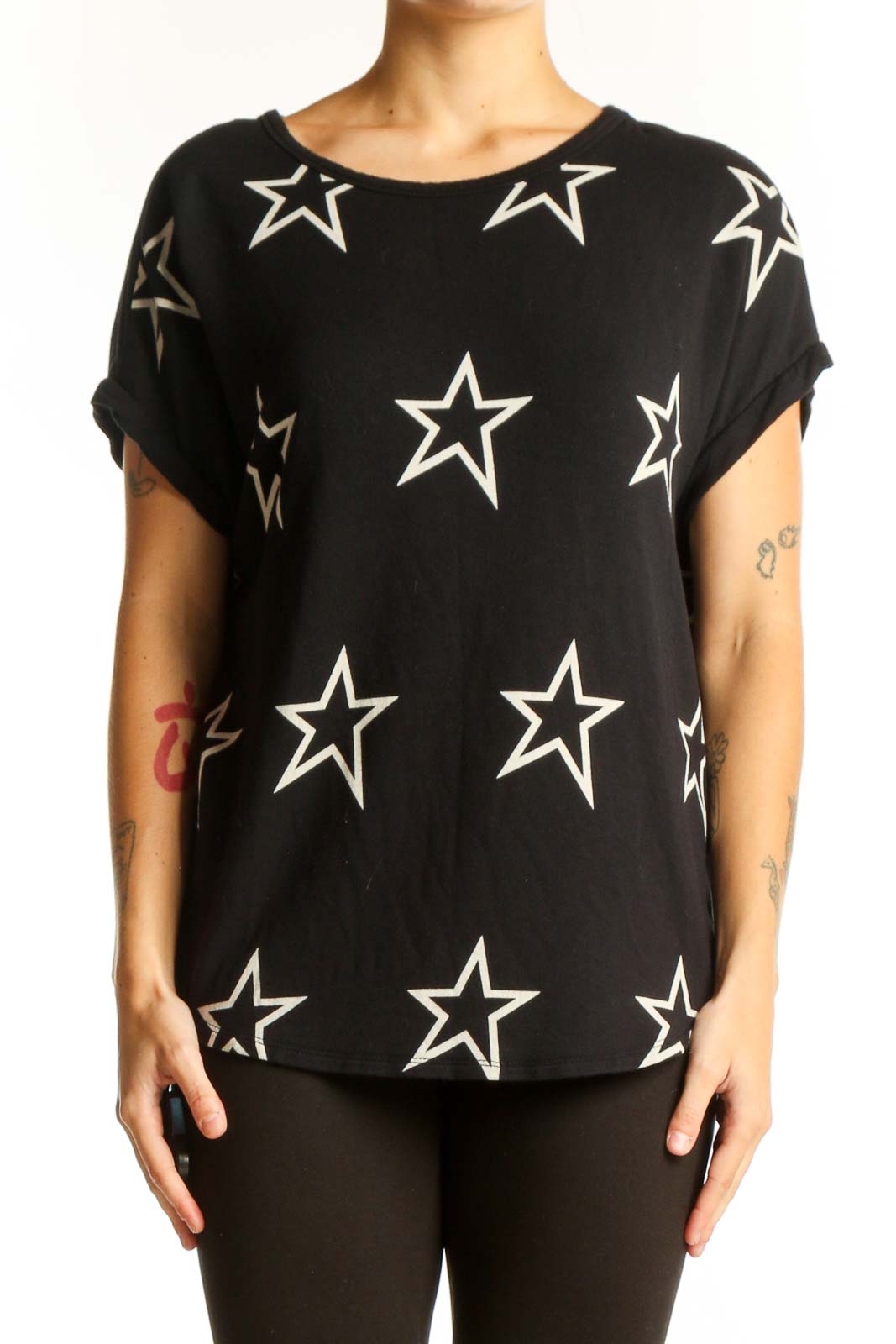 Black Star Print Short Sleeve Top Front
