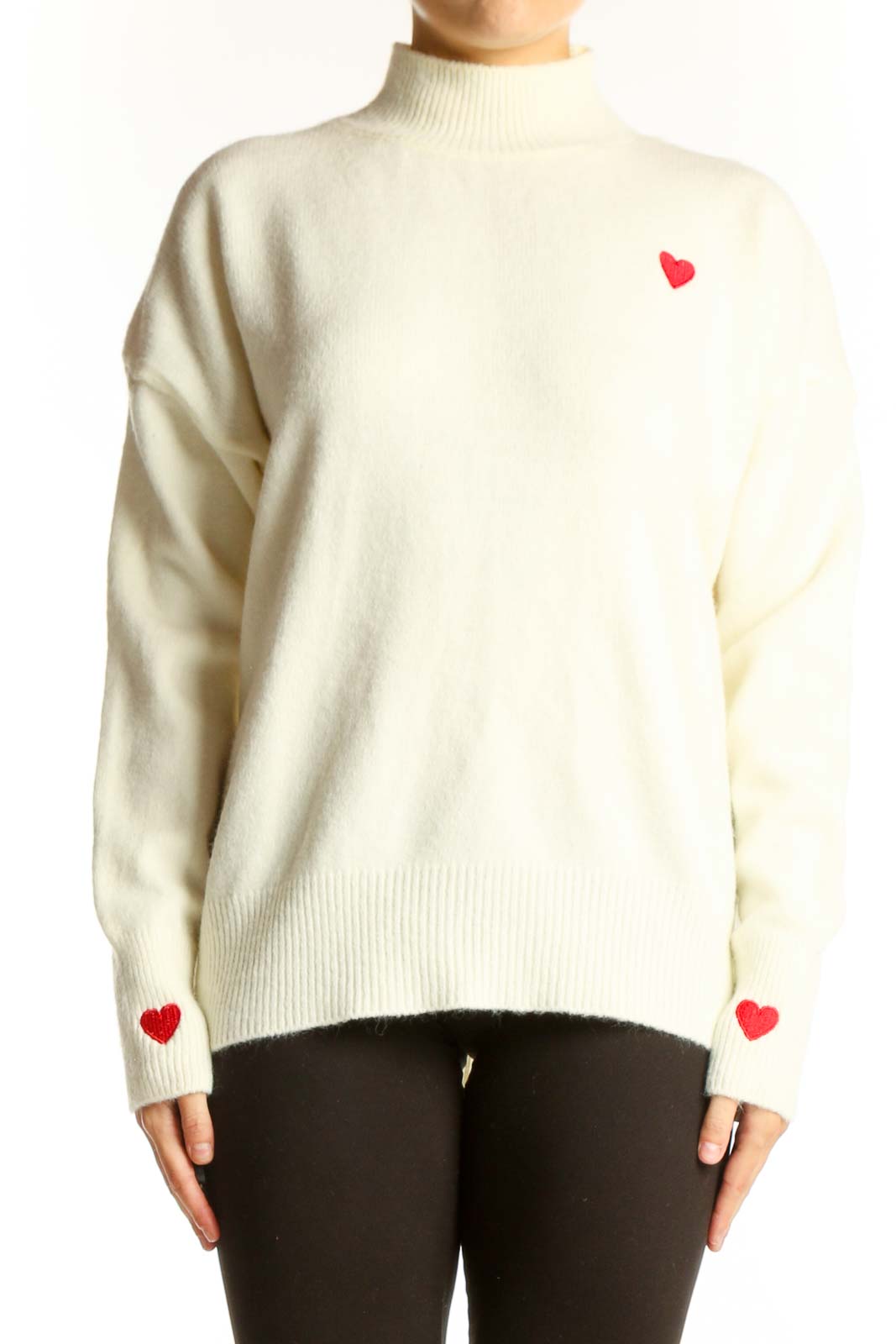 Cream Heart-Accented Mock Neck Sweater Front