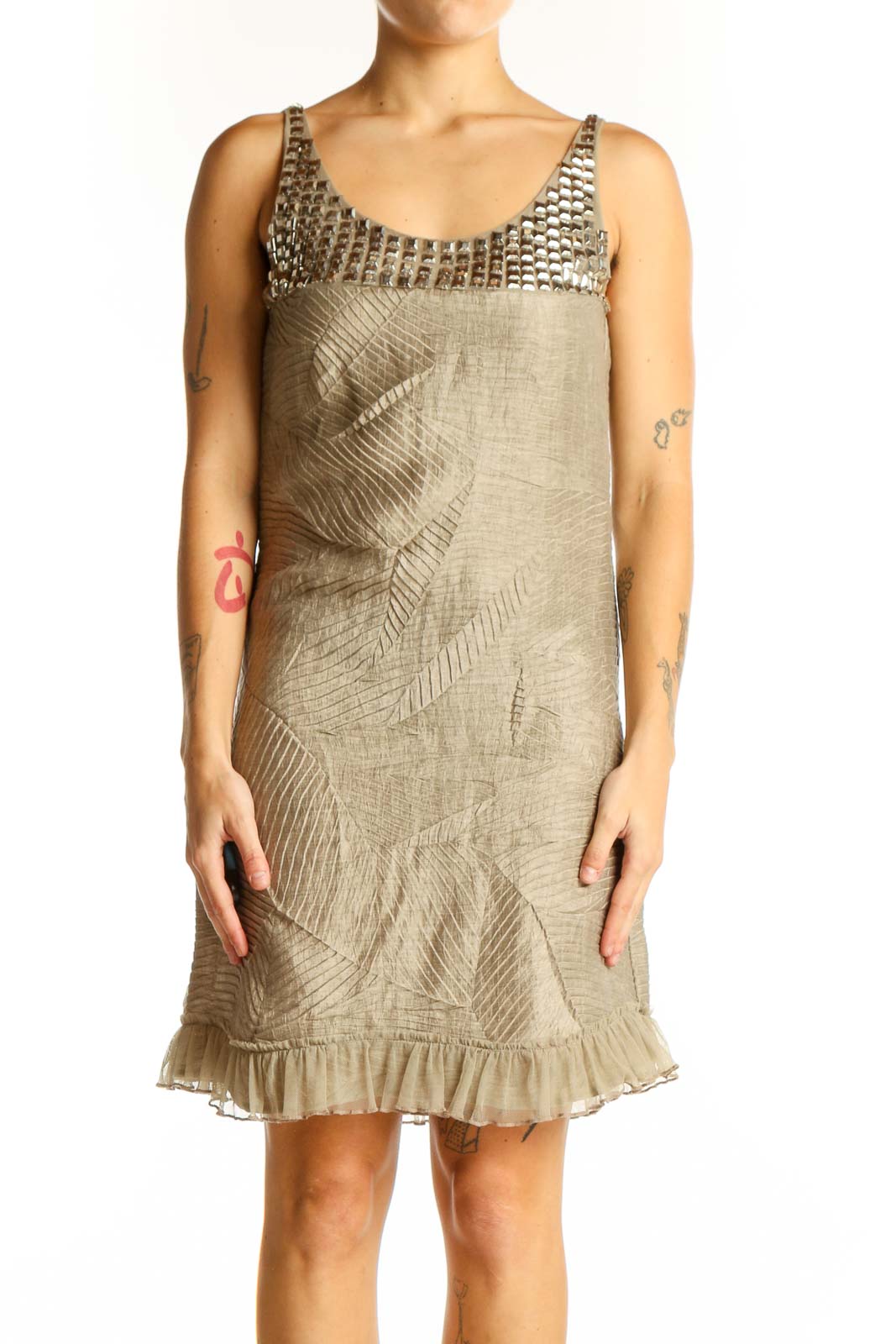 Beige Embellished Linen Blend Dress Front