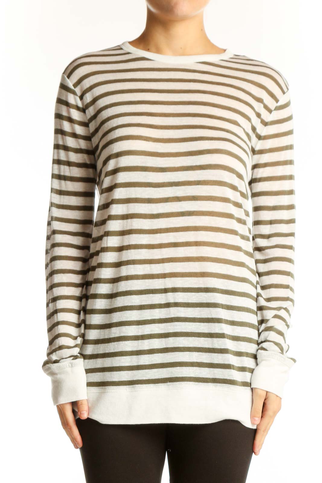 Beige Striped Long Sleeve Linen Blend Top Front