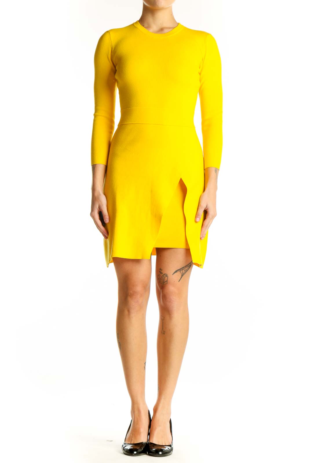 Yellow Long-Sleeve Mini Dress with Side Slit Front