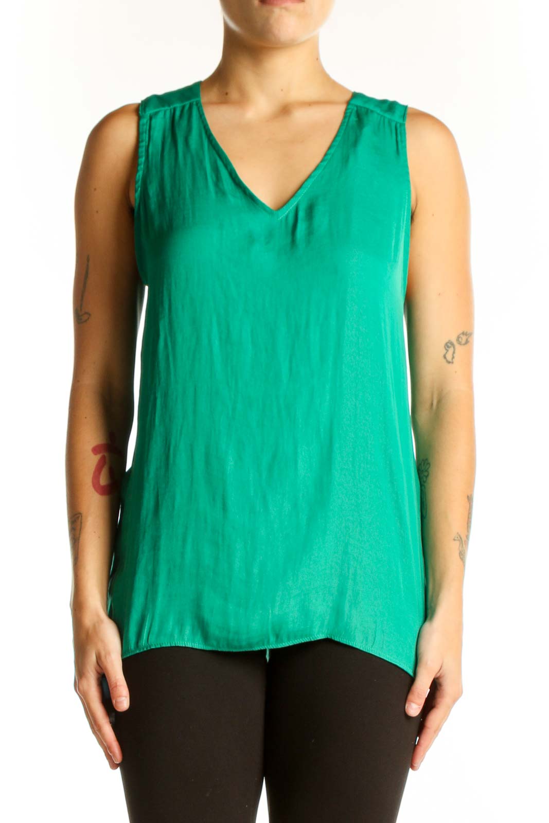 Green V-Neck Sleeveless Blouse Front