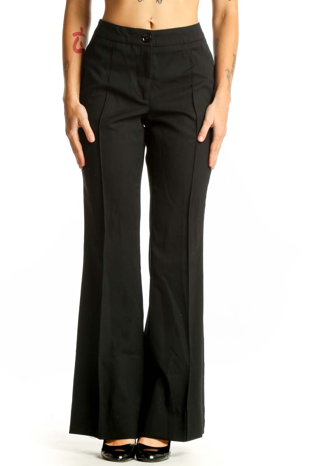 Black Wool Blend Wide-Leg Trousers Front