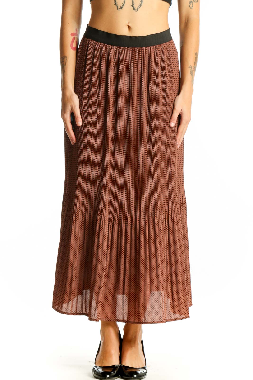 Brown Pleated Maxi Skirt Front