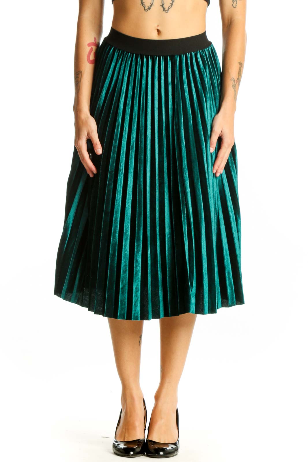 Emerald Green Pleated Velvet Midi Skirt Front
