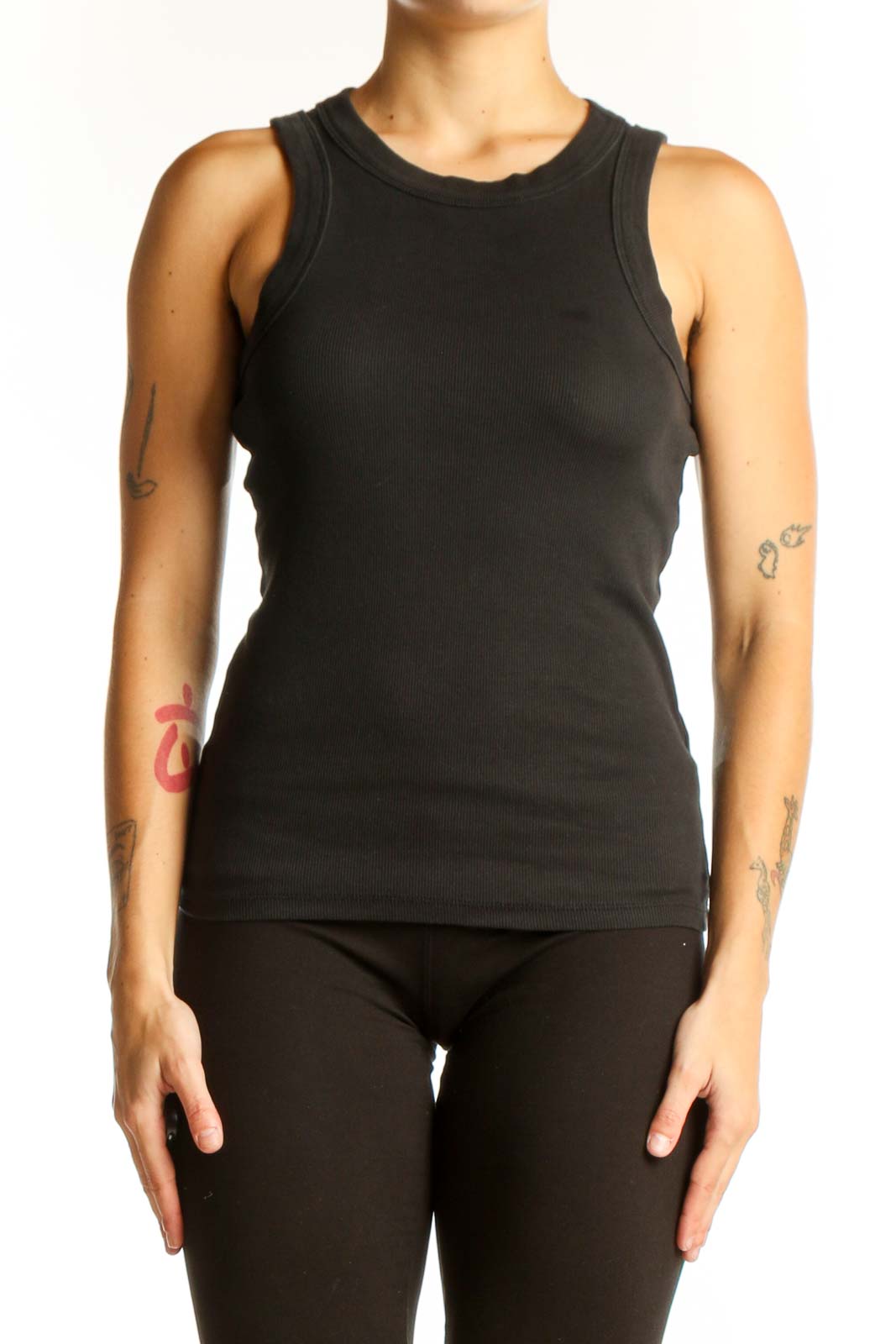 Black Cotton Blend Sleeveless Tank Top Front