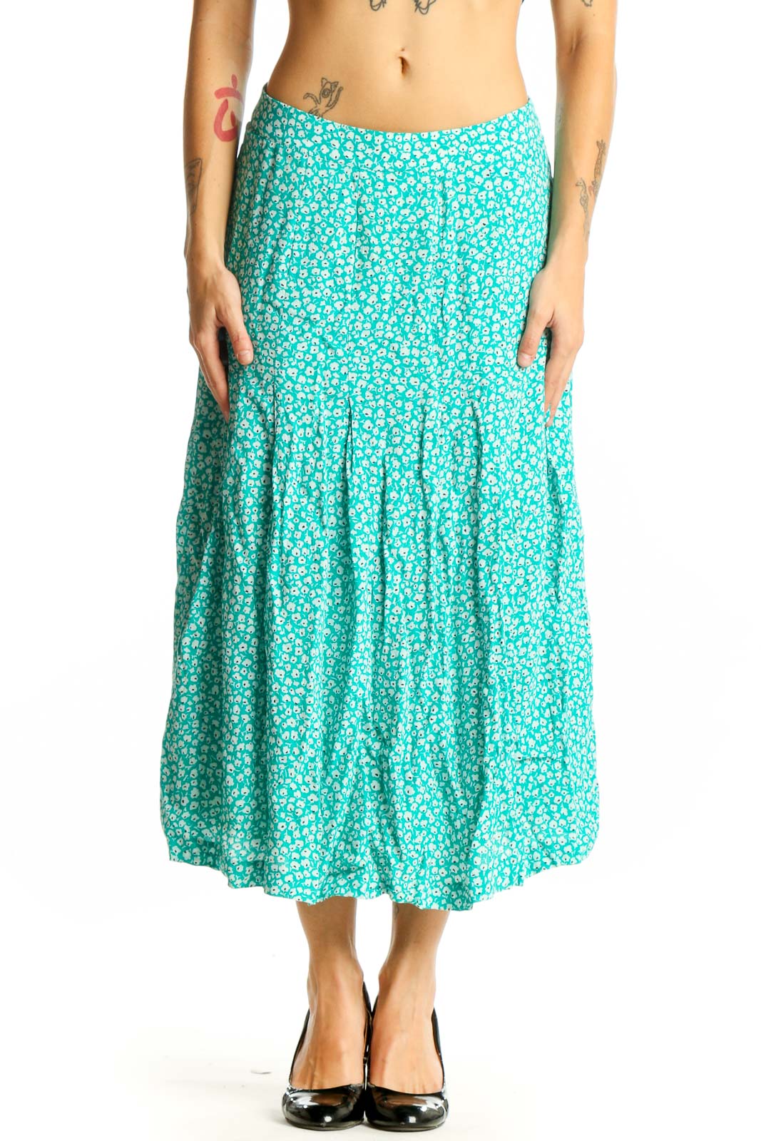 Teal Floral Print Midi Skirt Front