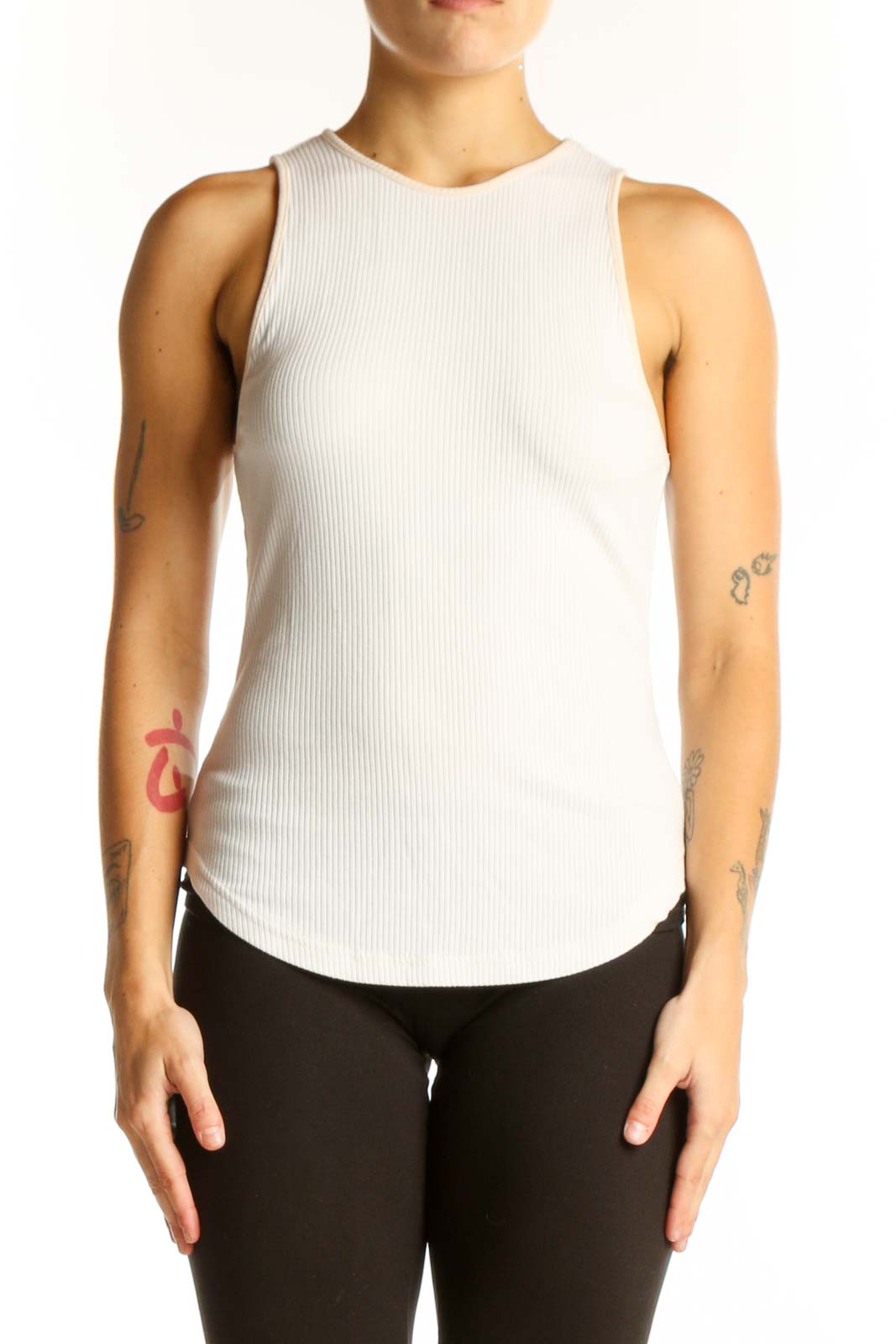 White Ribbed Sleeveless Athletic Top Front