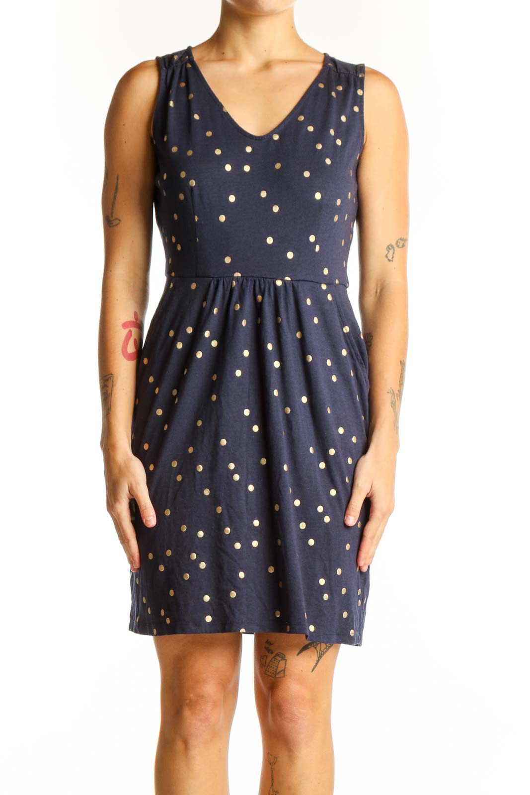 Navy Gold Polka Dot Sleeveless Dress Front