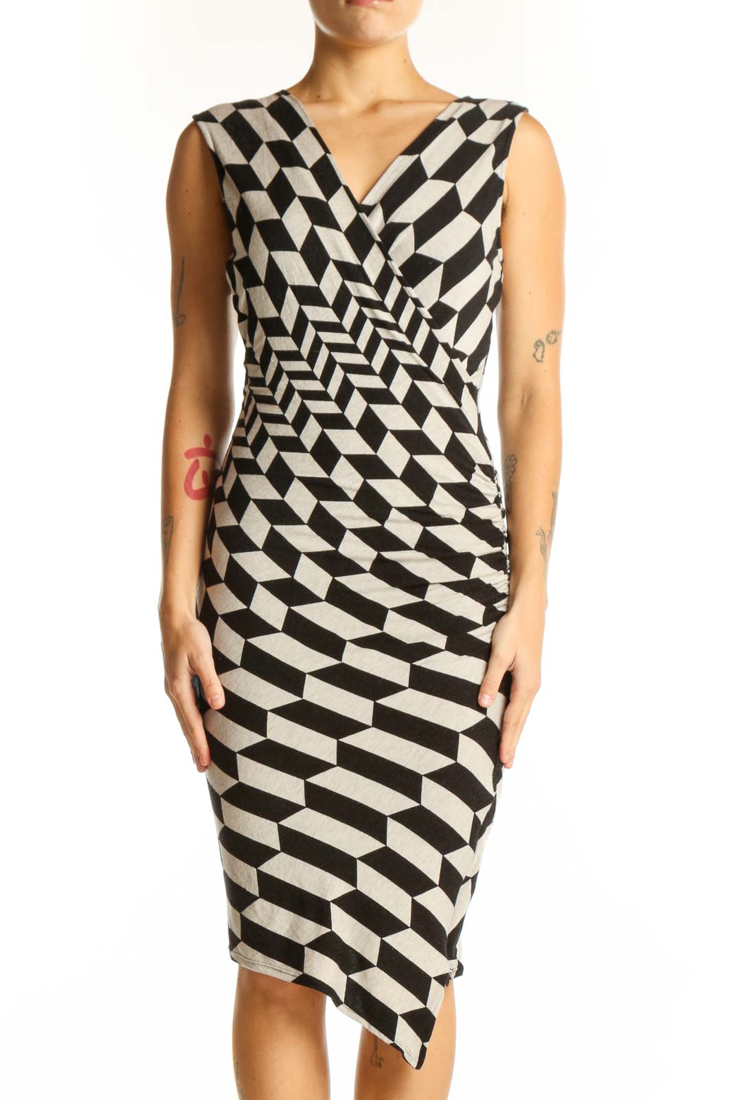 Black and White Geometric Print Wrap Dress Front