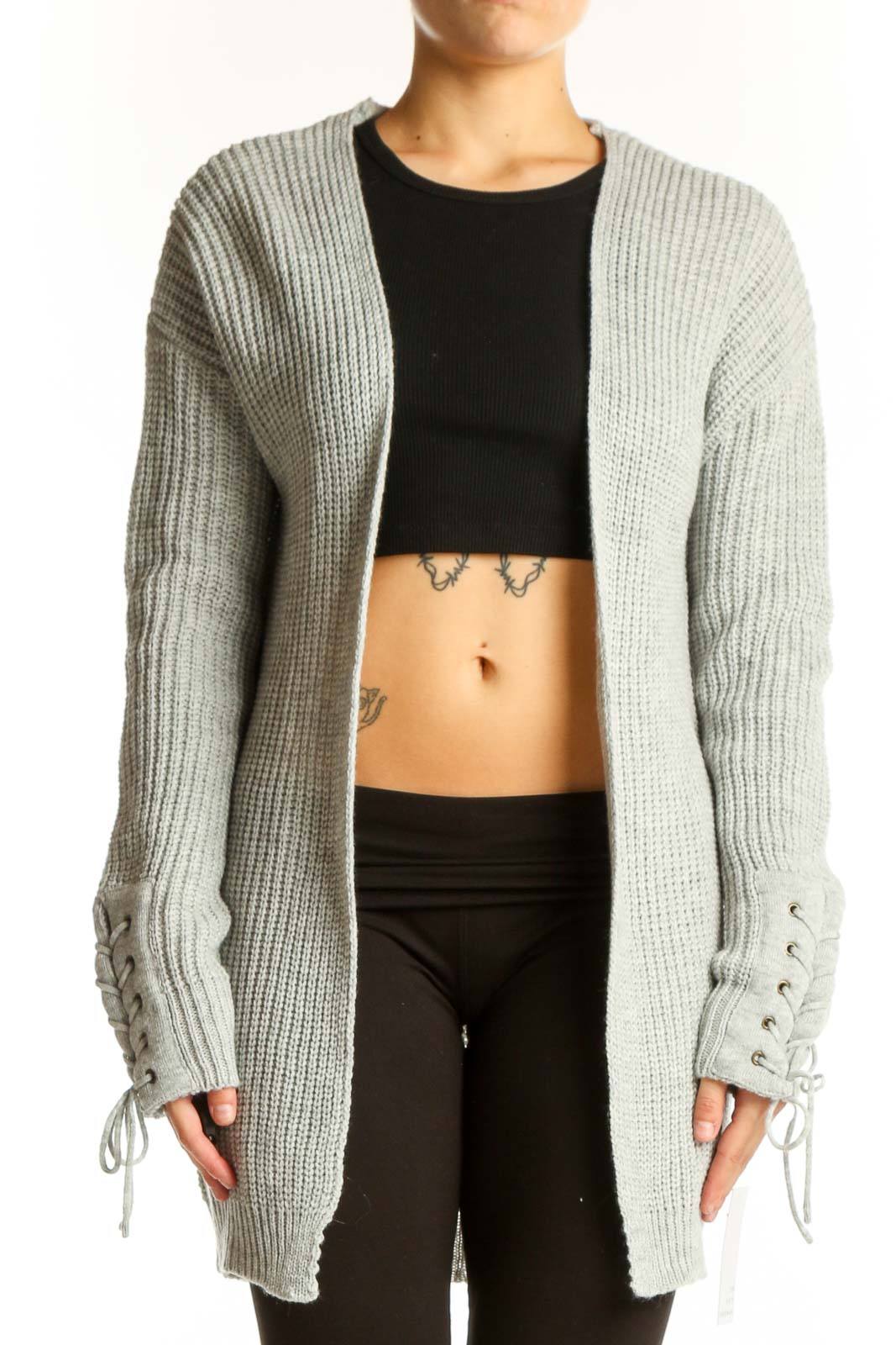 Gray Chunky Knit Lace-Up Sleeve Cardigan Front