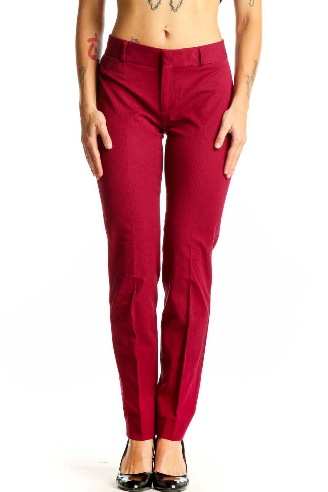 Red Slim-Fit Cotton Blend Trousers Front