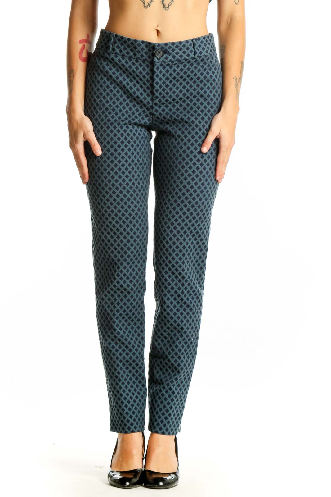 Blue Geometric Print Slim Fit Pants Front