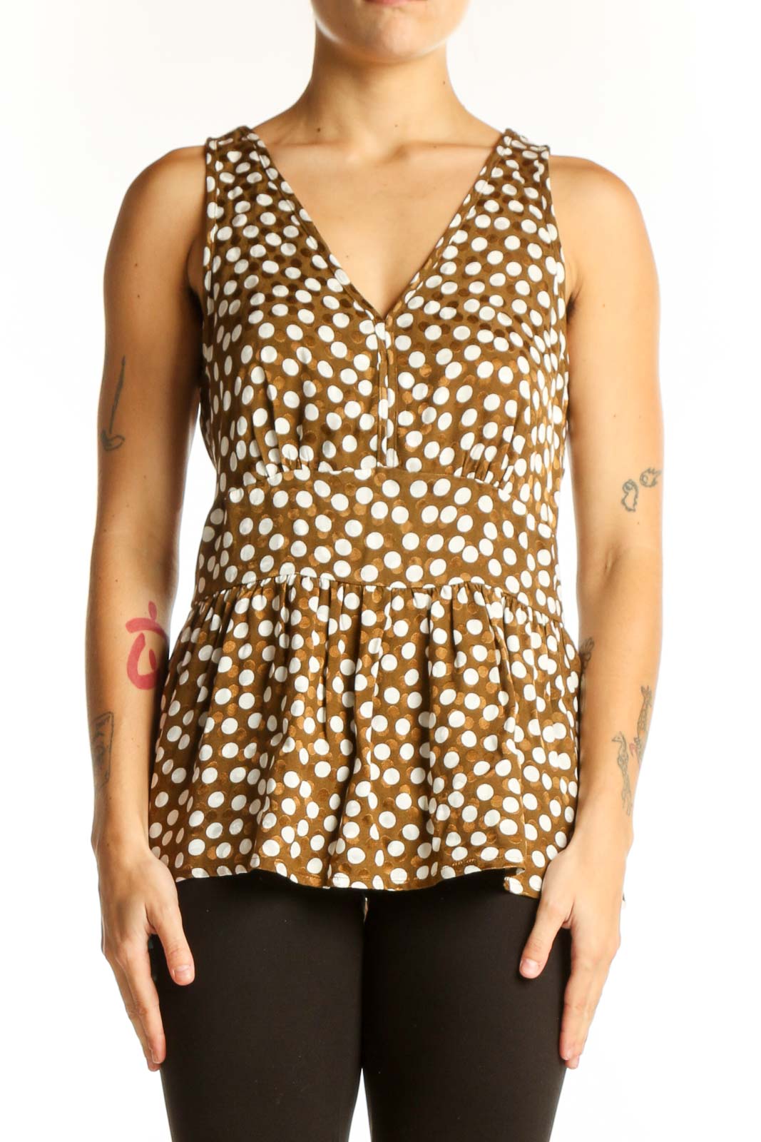 Brown Polka Dot Peplum Top Front