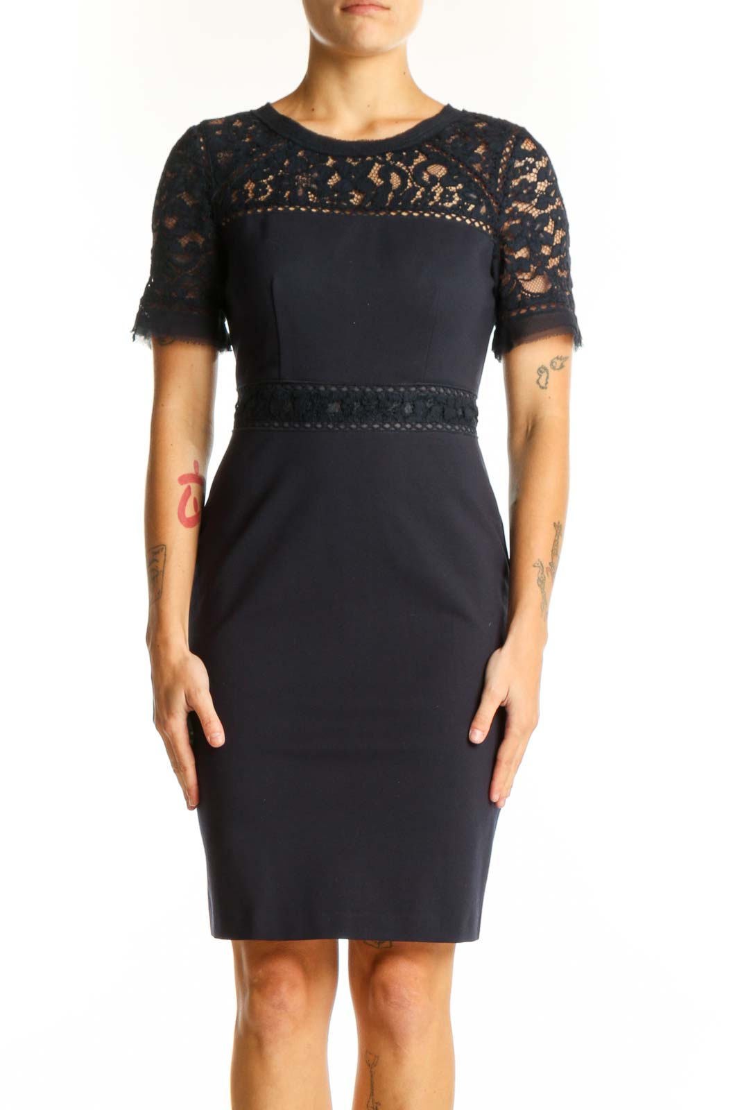 Navy Lace-Trimmed Sheath Dress Front