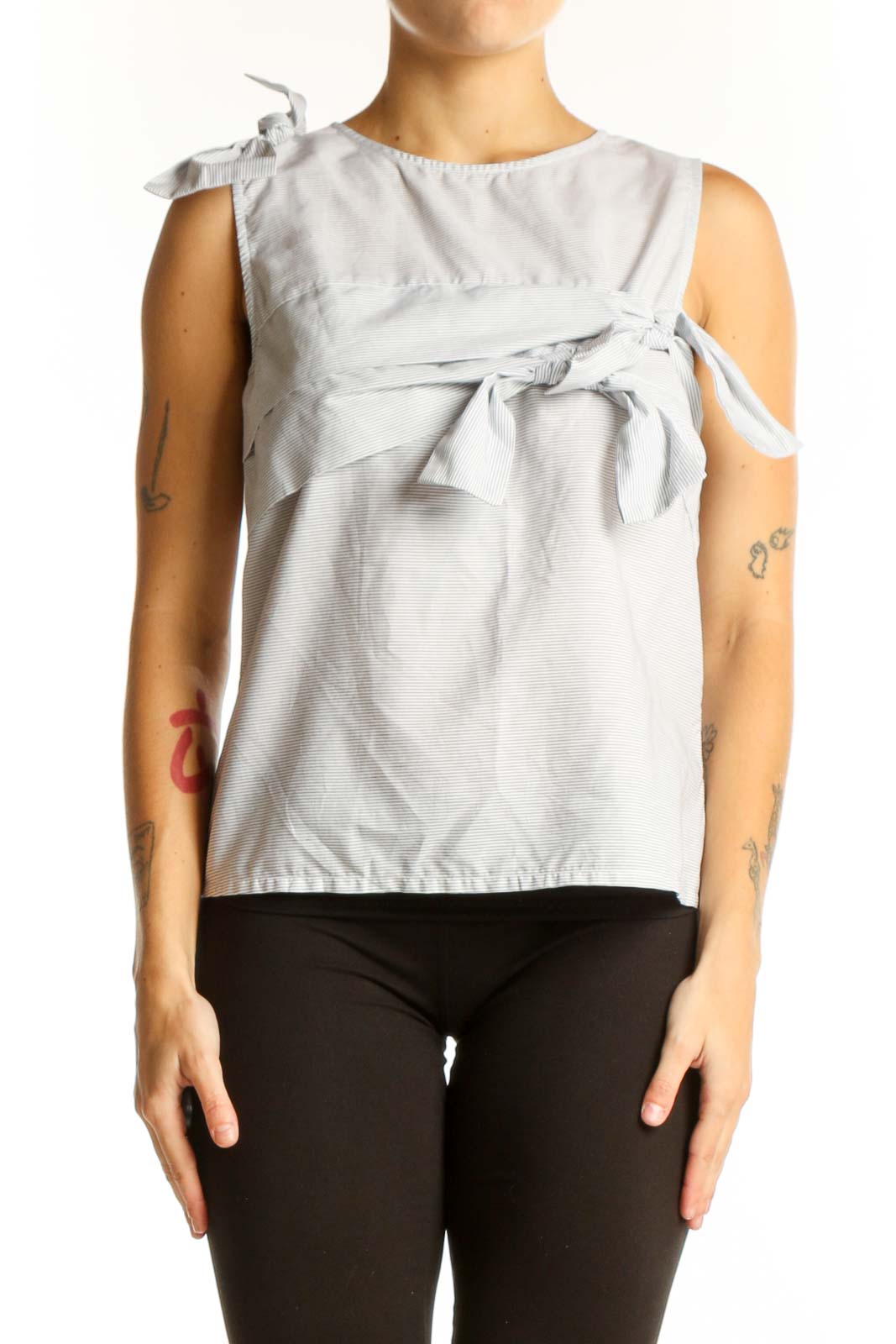 Light Gray Sleeveless Cotton Top with Bow Details Front