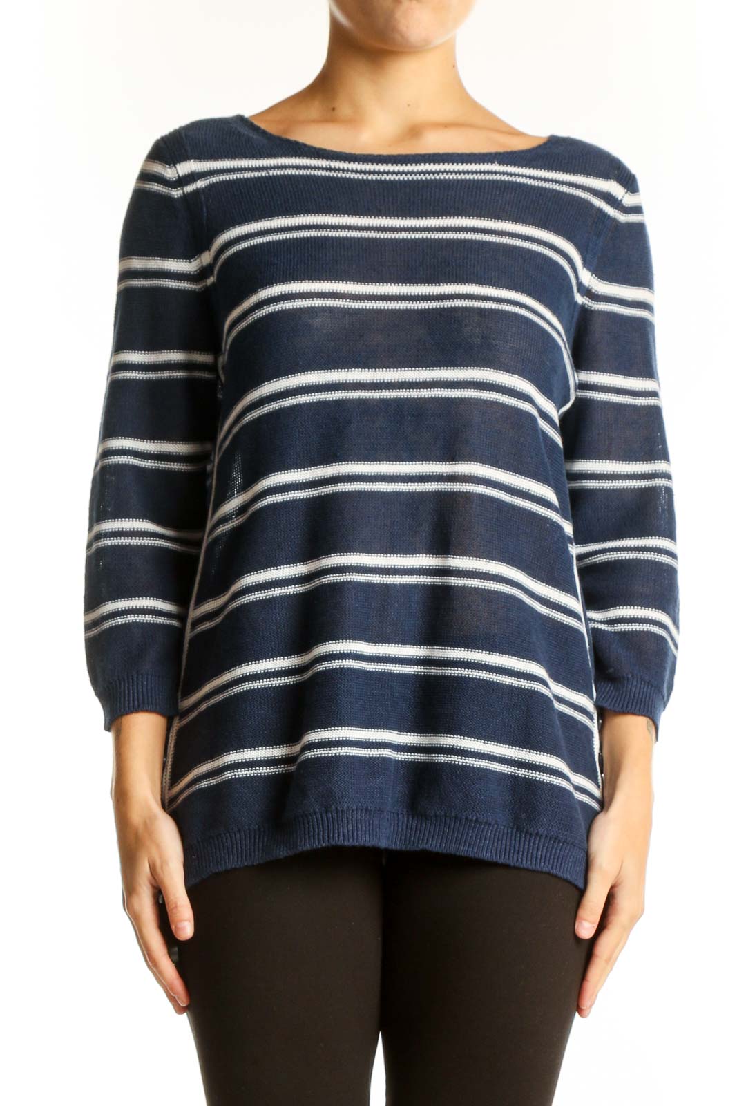 Navy Striped Linen Knit Sweater Front