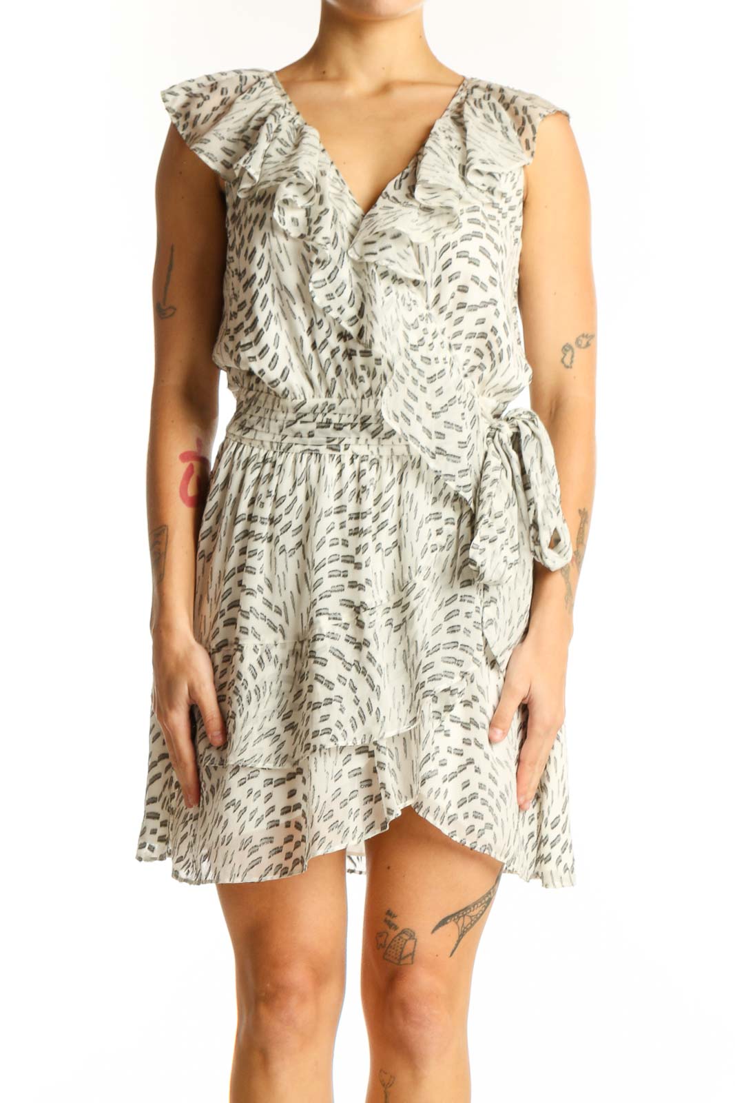 Beige Floral Print Ruffle Wrap Dress Front