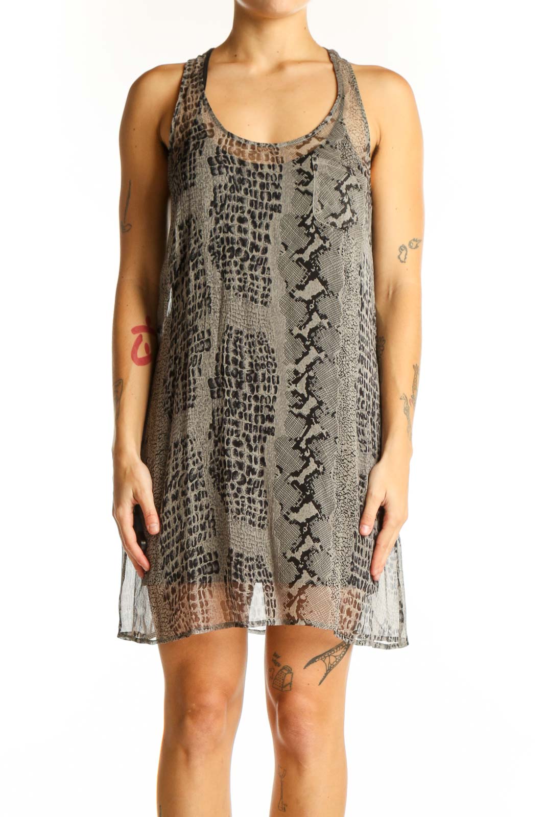 Gray Snake Print Sleeveless Mini Dress Front