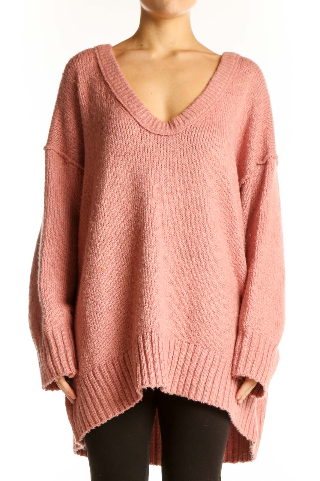 Pink Oversized V-Neck Knit Sweater Front