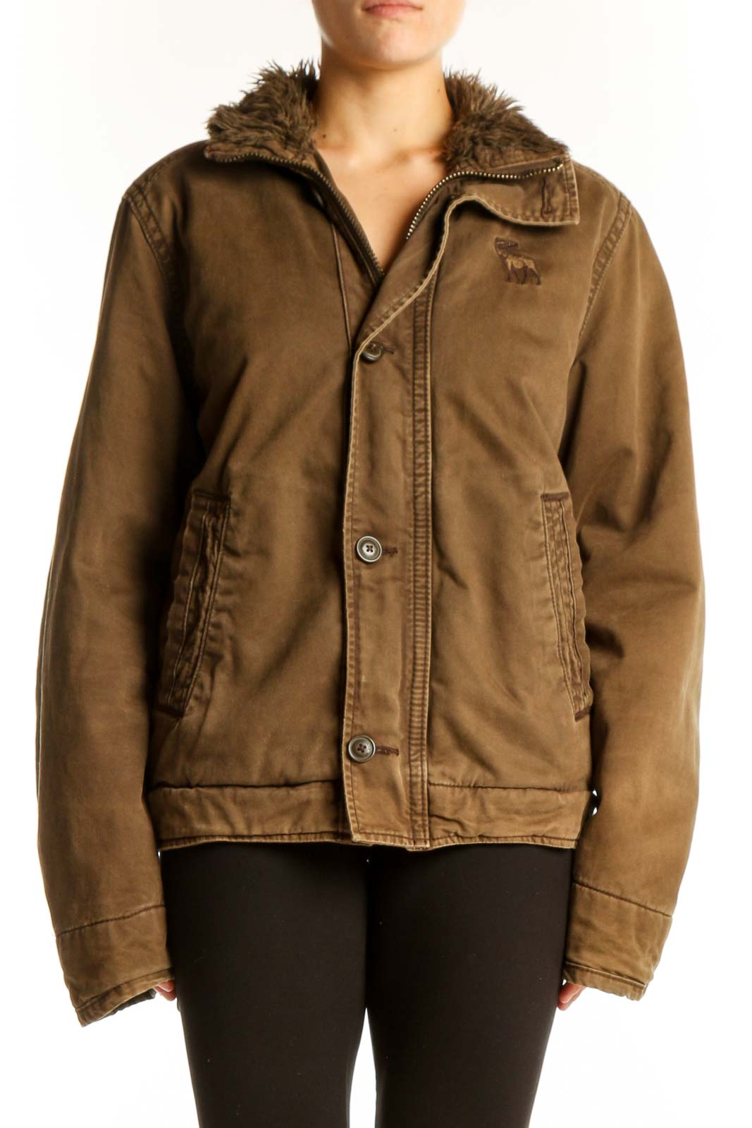 Brown Faux Fur Collar Utility Jacket Front
