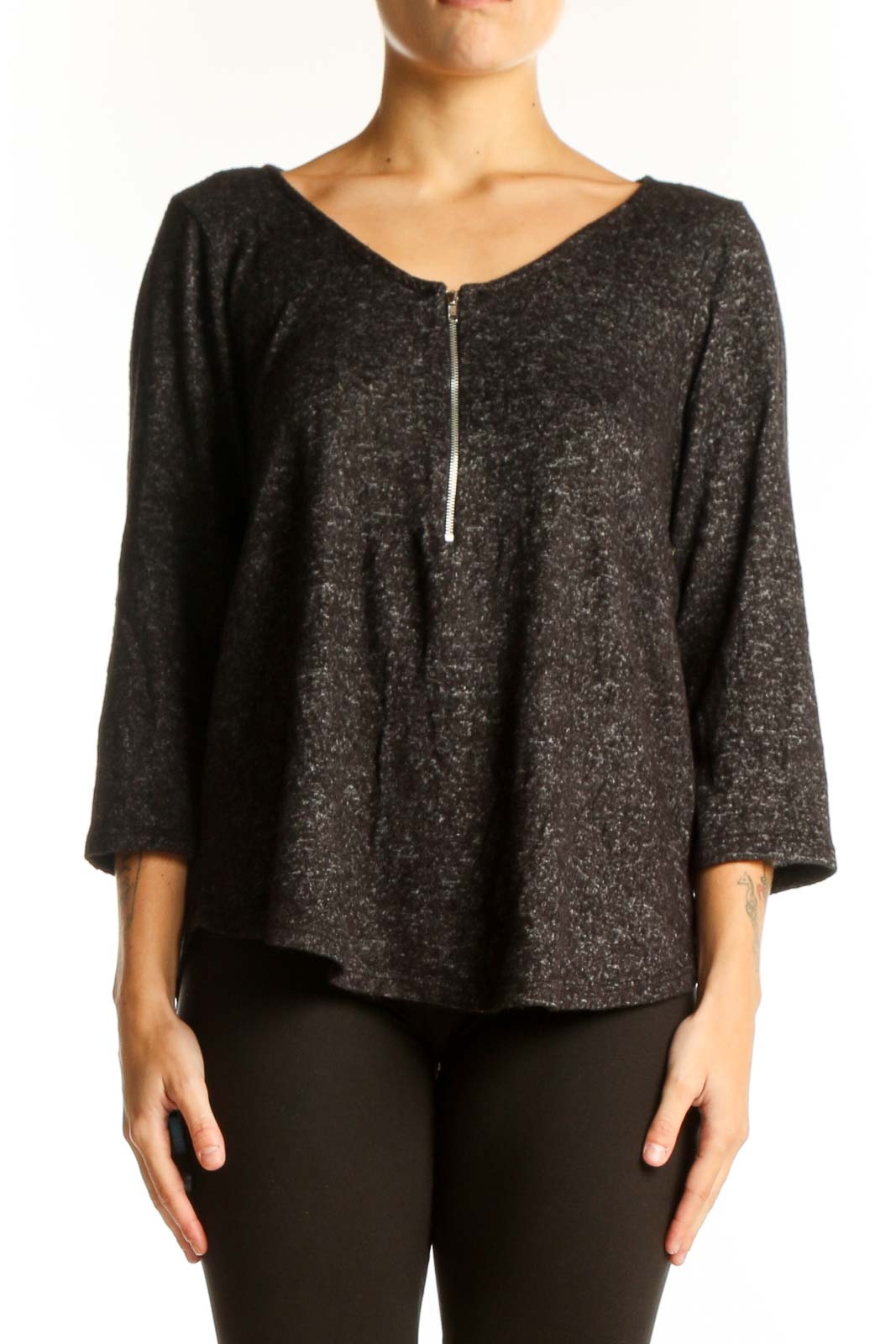 Black Sparkly Zip-Front Blouse Front