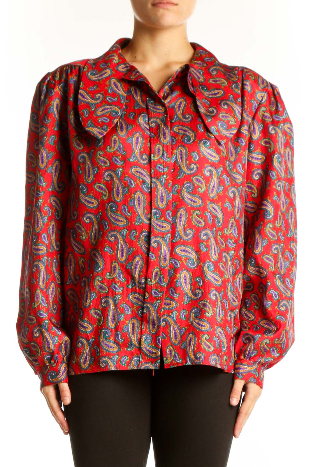 Red Paisley Print Button-Up Blouse Front