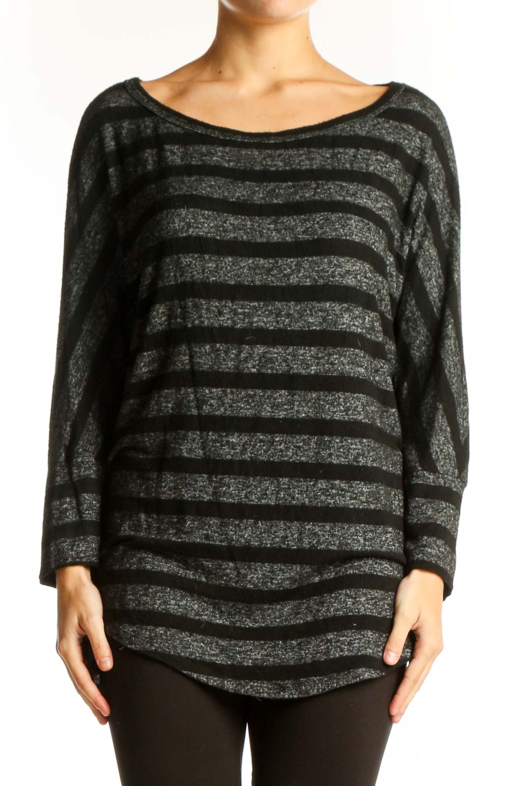 Black Striped Long Sleeve Knit Top Front
