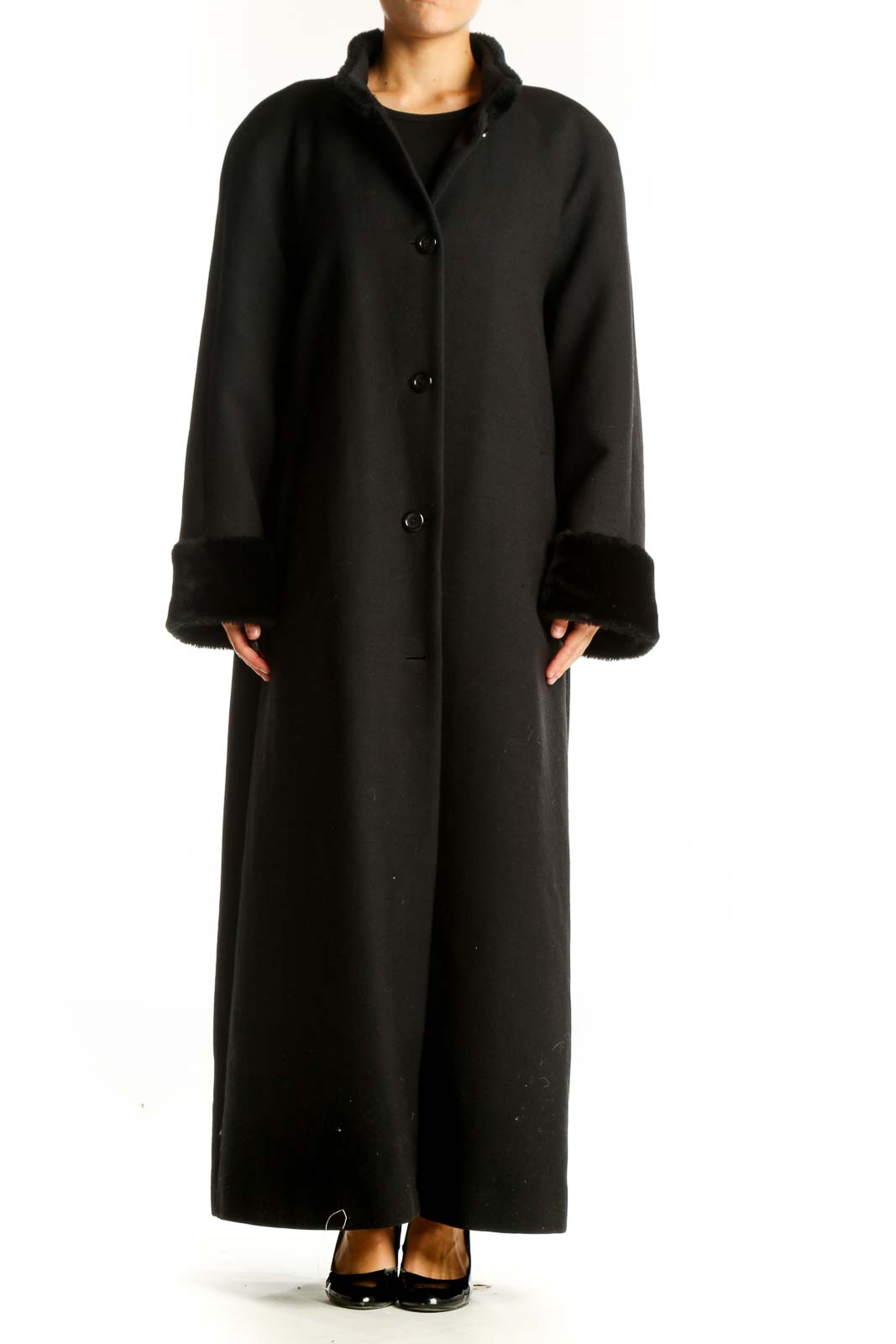 Black Wool-Blend Full-Length Winter Coat Front