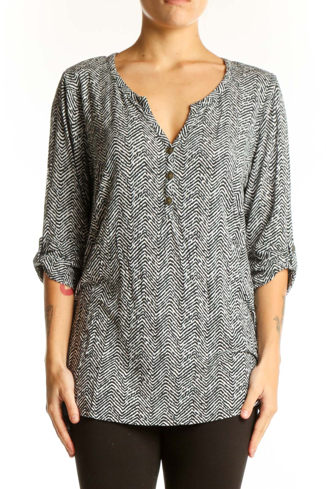 Black and White Herringbone Print Blouse Front