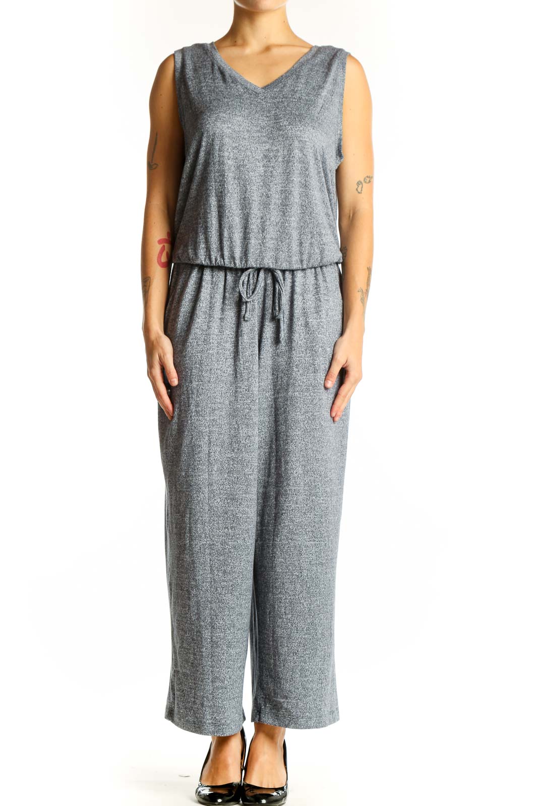 Gray Sleeveless V-Neck Drawstring Jumpsuit Front