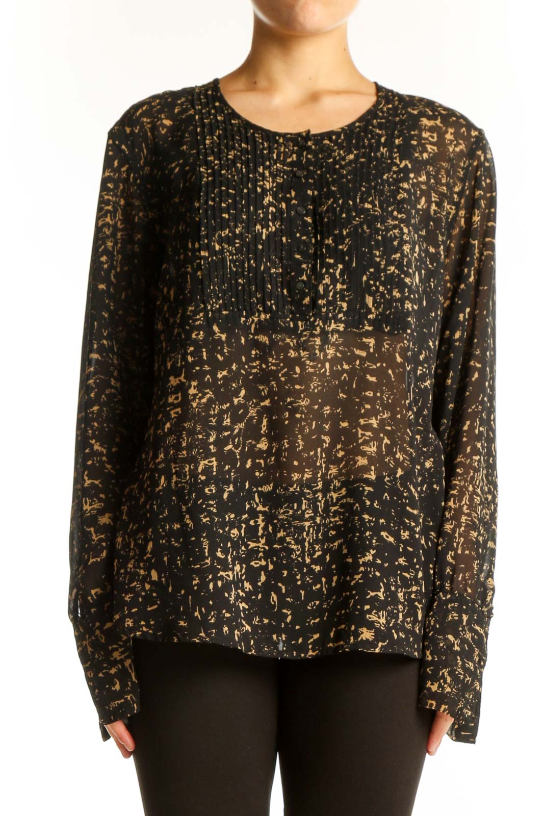 Black and Gold Abstract Print Polyester Blouse Front