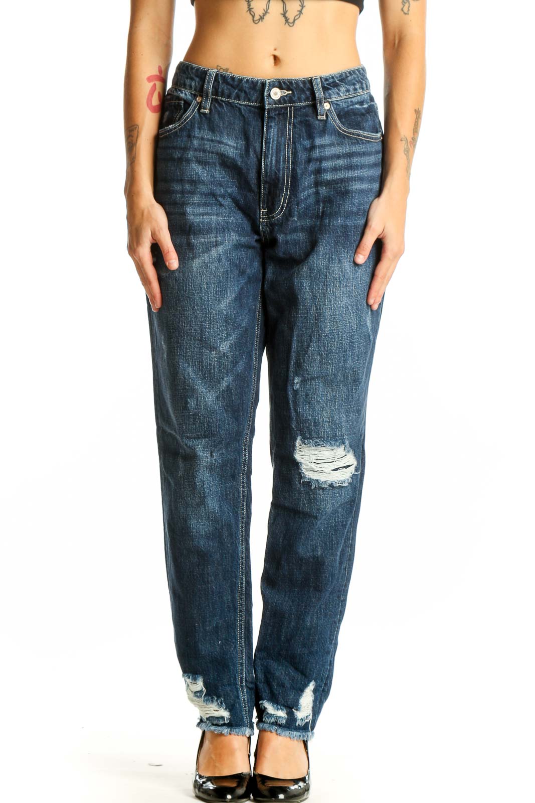 Dark Blue Distressed Boyfriend Jeans Front