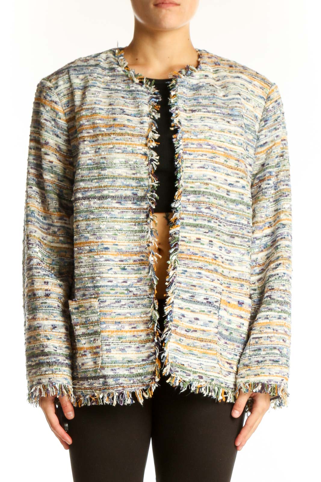 Multicolor Striped Fringe Jacket Front