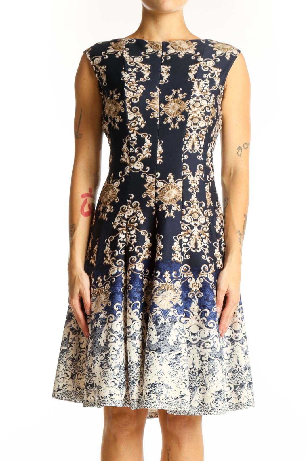 Navy Floral Ombre Fit-and-Flare Dress Front