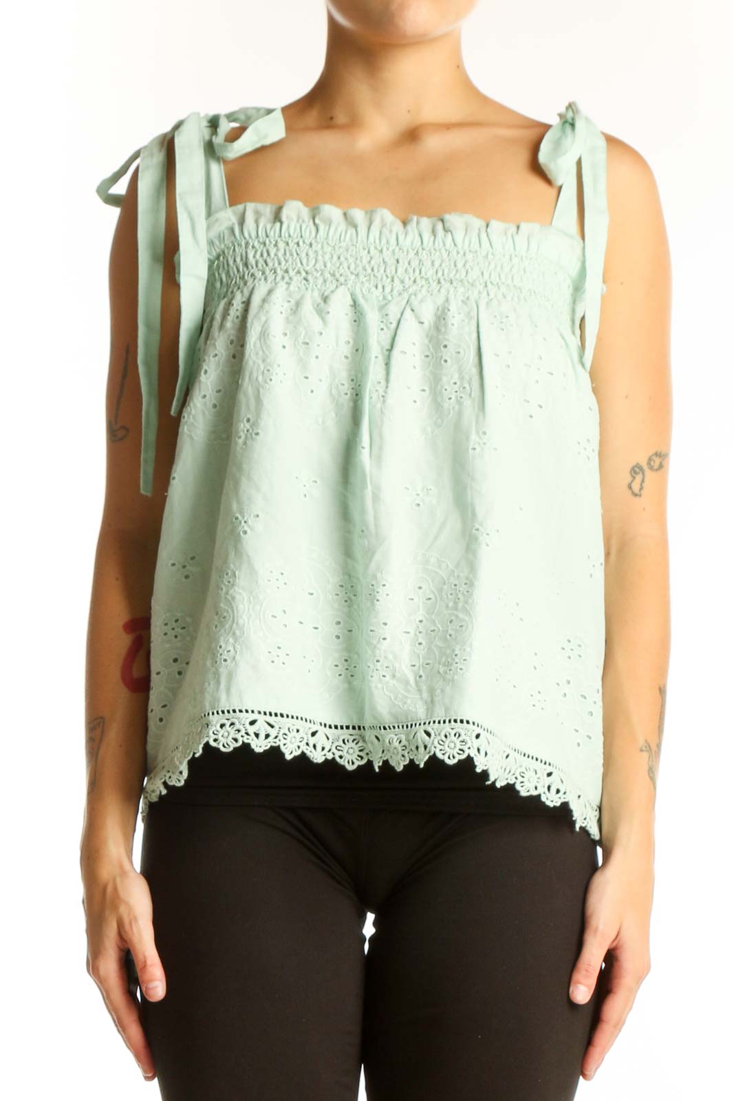 Mint Green Eyelet Lace Sleeveless Top Front