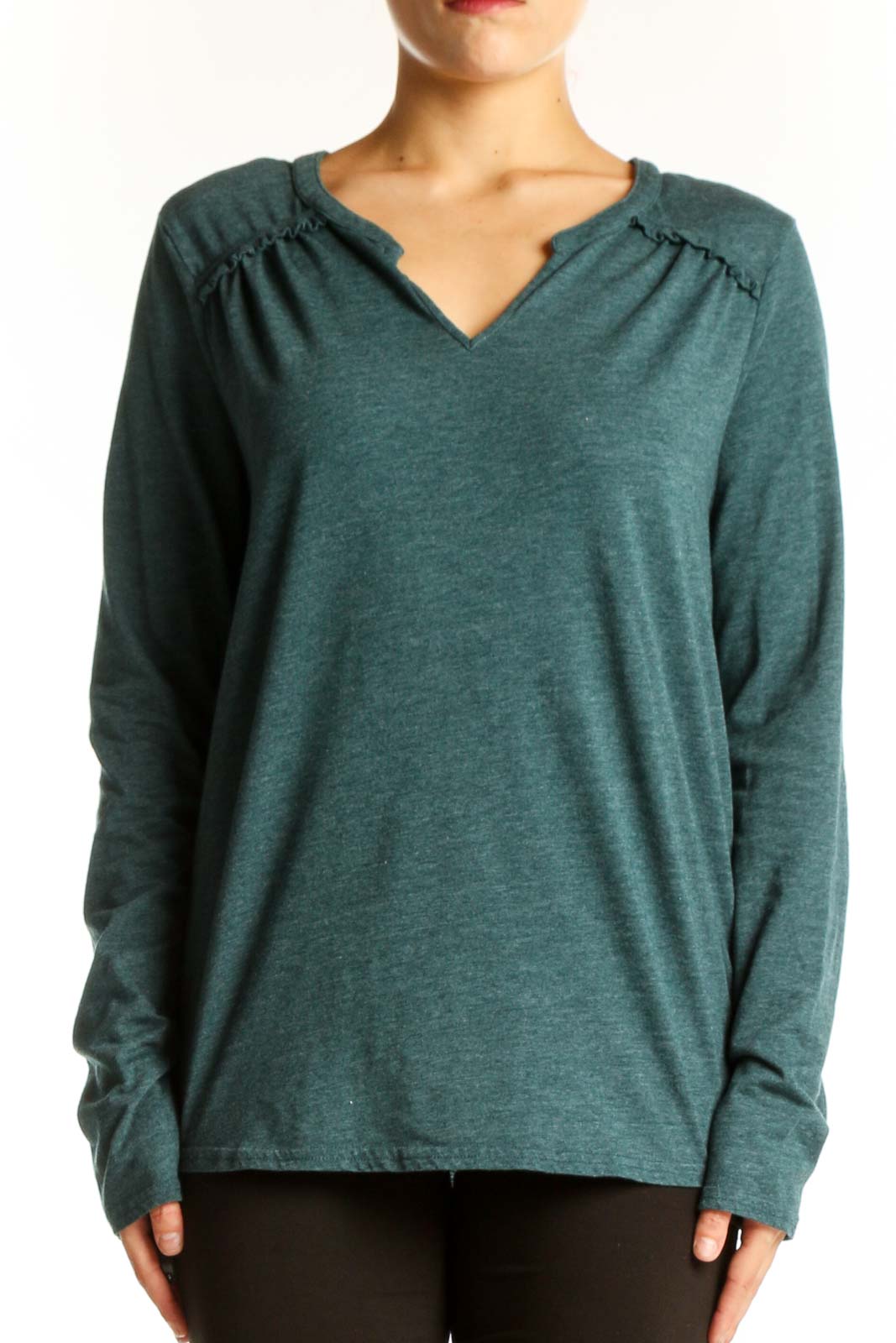 Teal V-Neck Long Sleeve Top Front