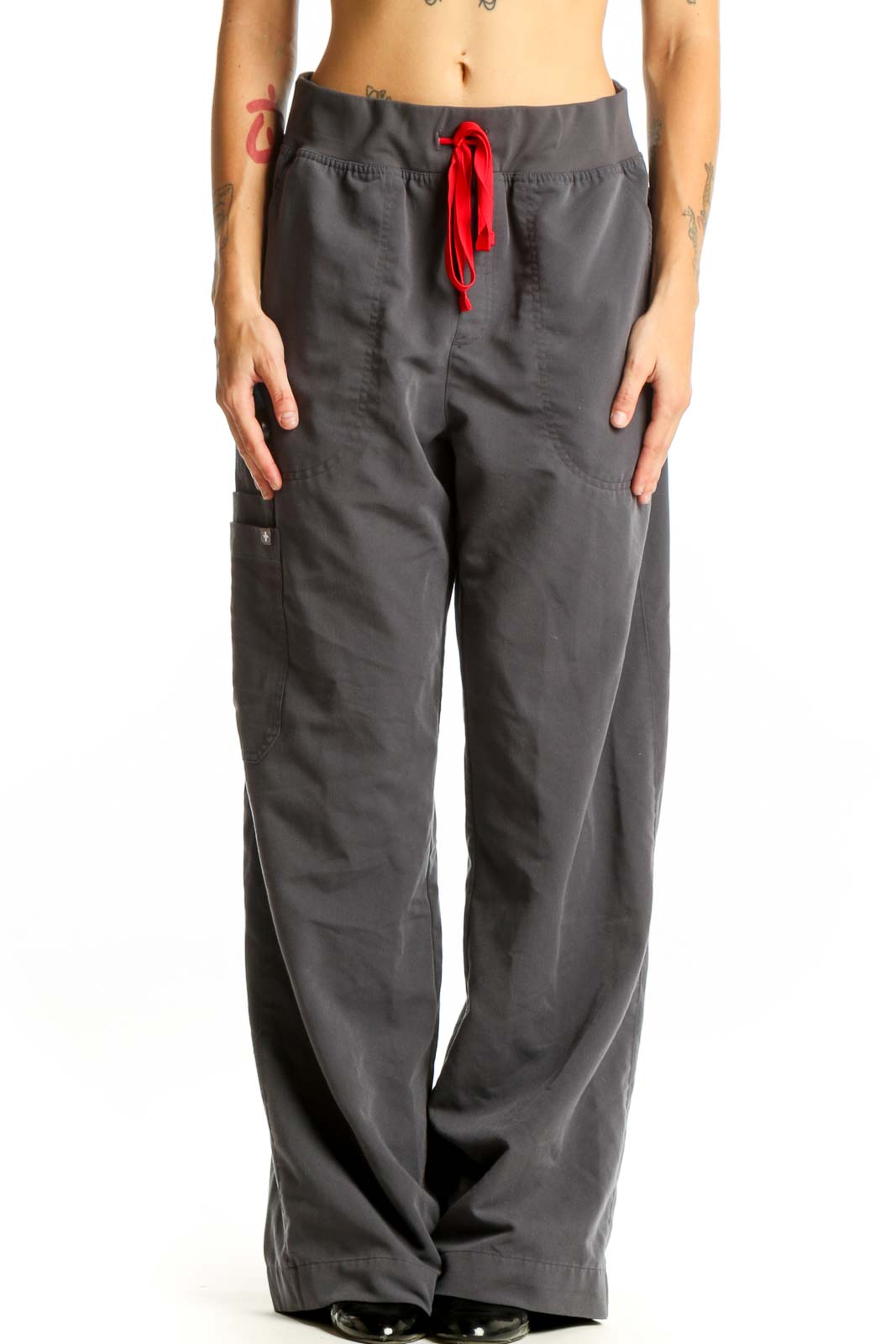 Gray Drawstring Cargo Scrub Pants Front
