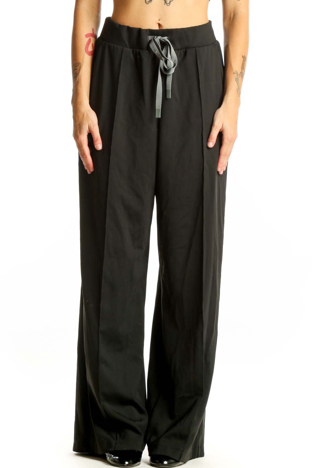 Black Wide-Leg Drawstring Pants Front