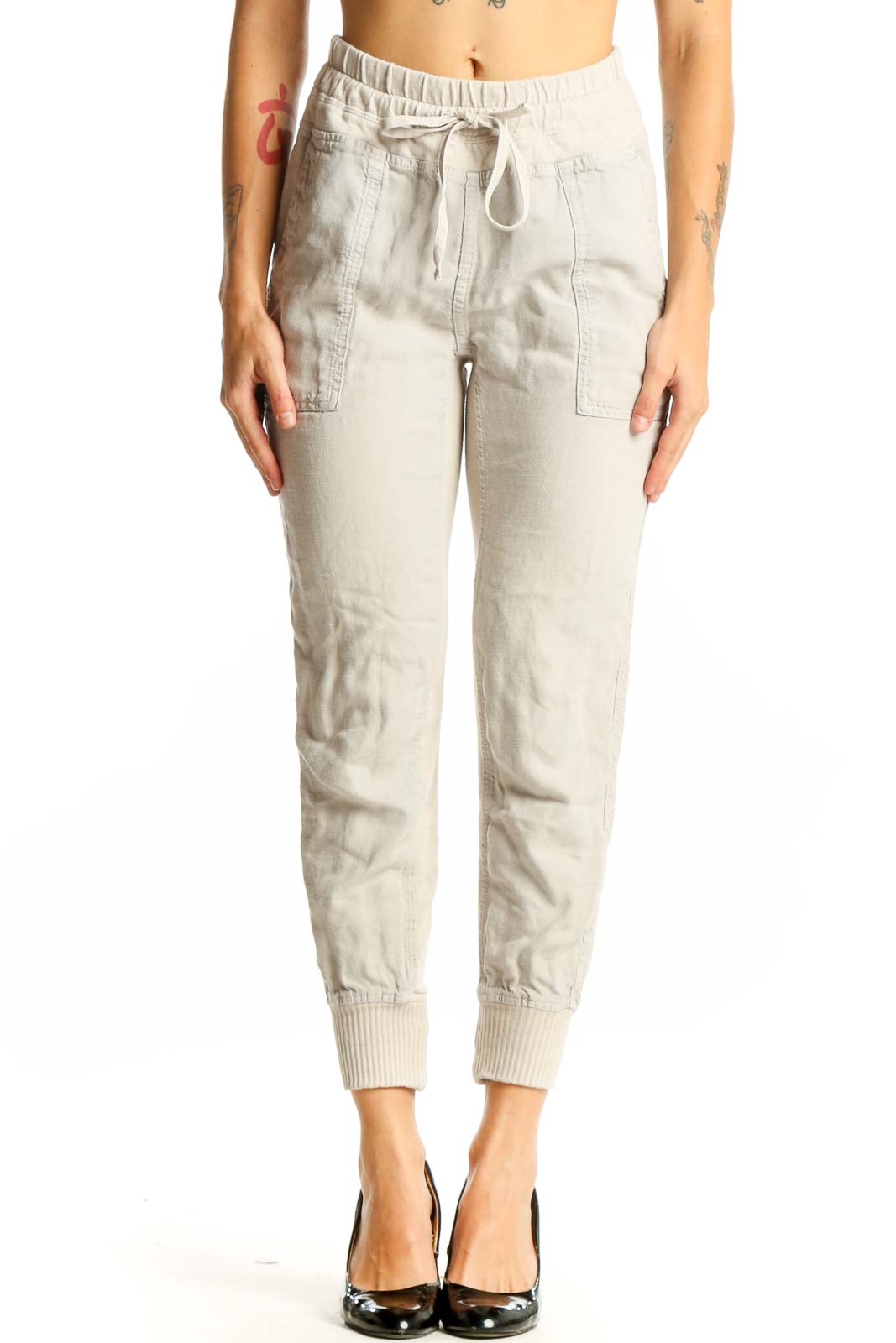 Beige Cotton Drawstring Jogger Pants Front