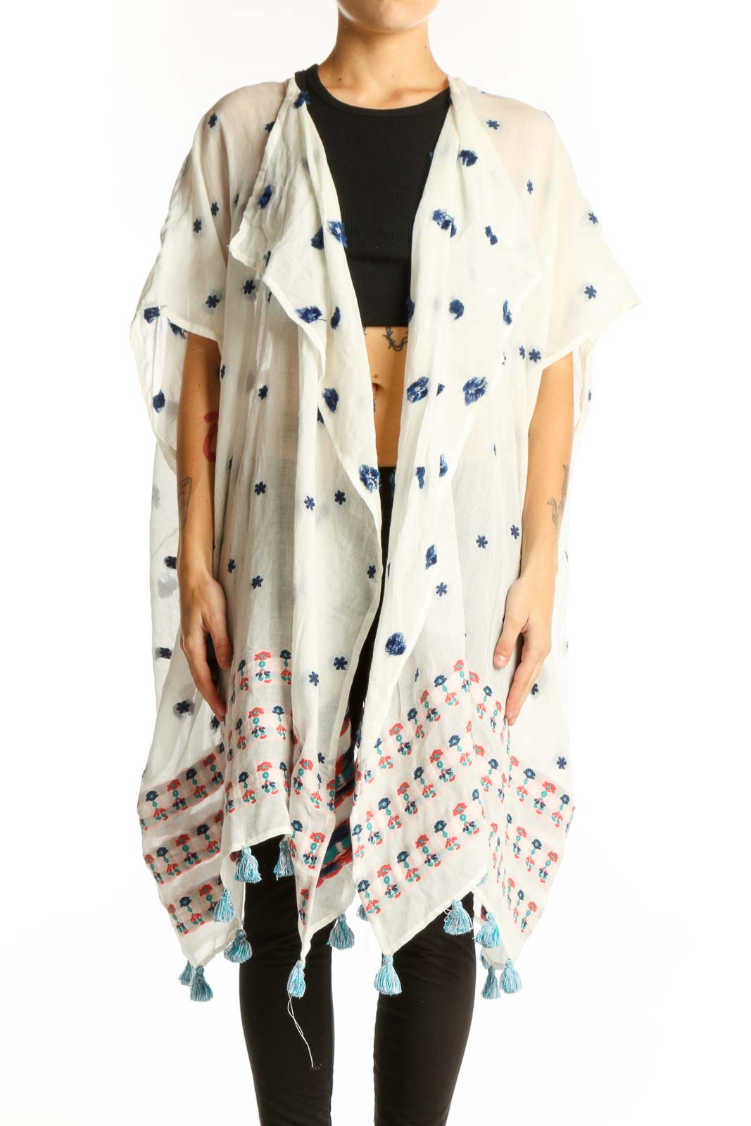 White Floral Tassel Kimono Jacket Front